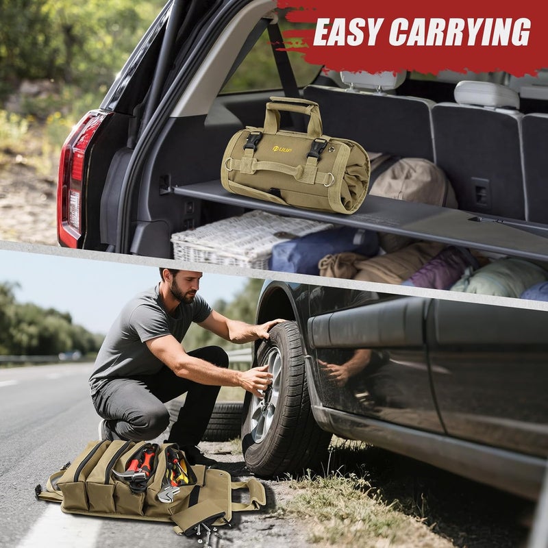 UUP Tool Bag Roll Up, Heavy Duty Rolled Empty Tool Storage Organization, Portable Foldable Rollup Organizer with 2 Small Pouches, Rollable Carrying Toolbag, Dad Men Mechanic Birthday Gifts, Khaki - Image 5